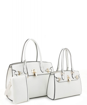 3 In1 Plain Key Lock Design Tote Bag with Bag Set US-30067 WHITE